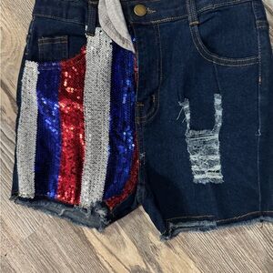 Sequin Denim Shorts with Red, Blue, and Silver Accents